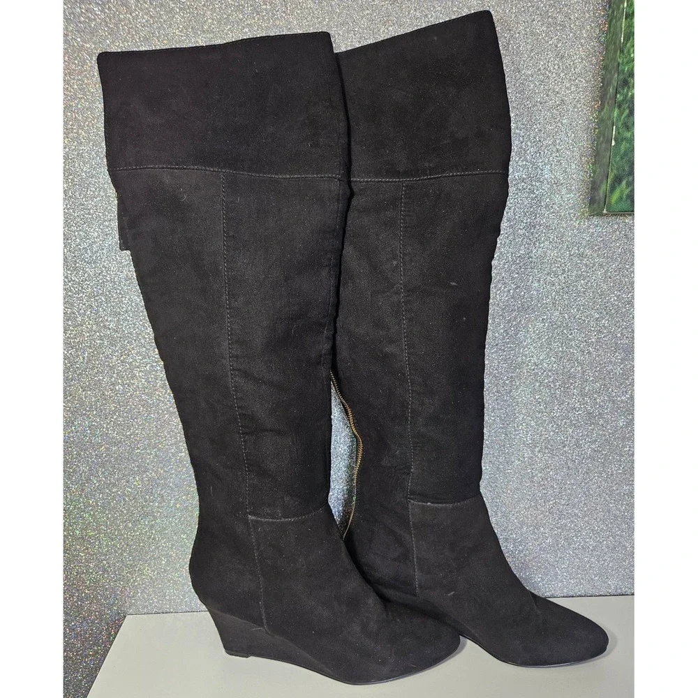 Nine West Black Suede Over The Knee Wedge Boots Women's 11 M